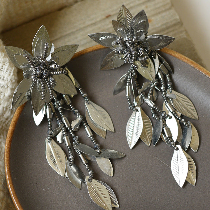 Handcrafted Silver Leaf Beaded Earrings