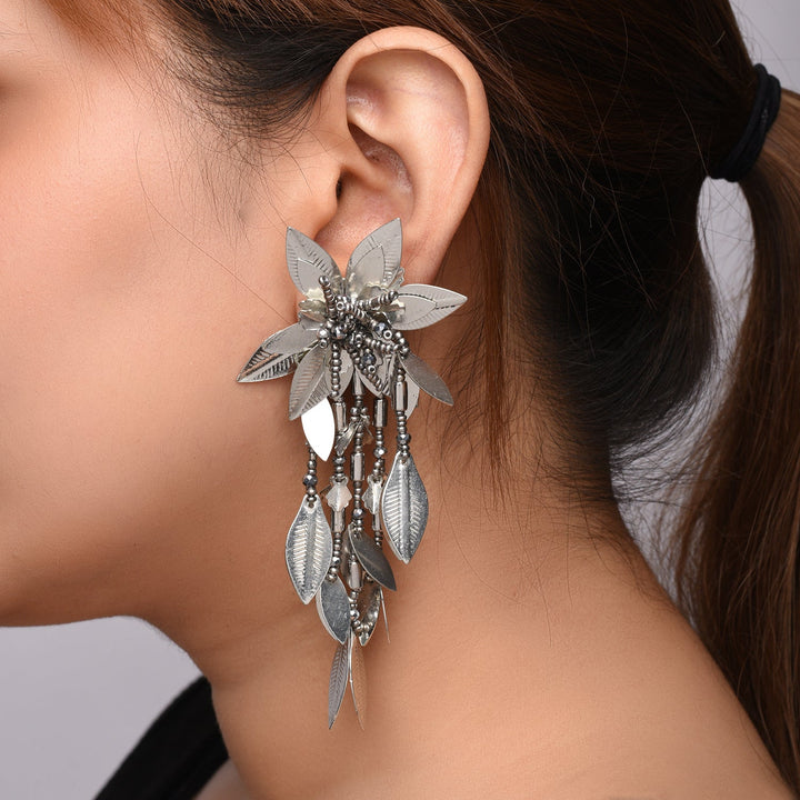 Handcrafted Silver Leaf Beaded Earrings