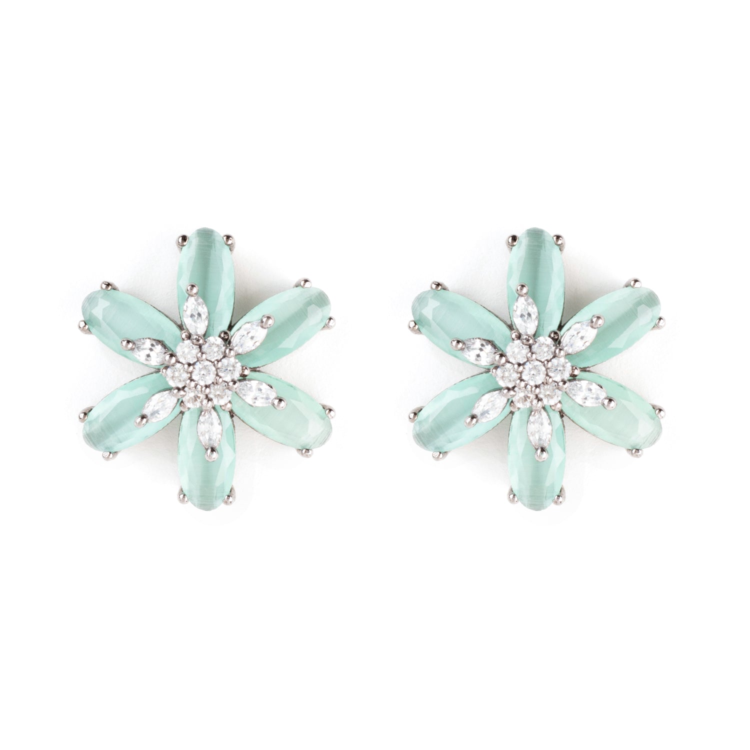 Jade Flower Earrings with Cubic Zirconia and Silver-Rhodium Plating