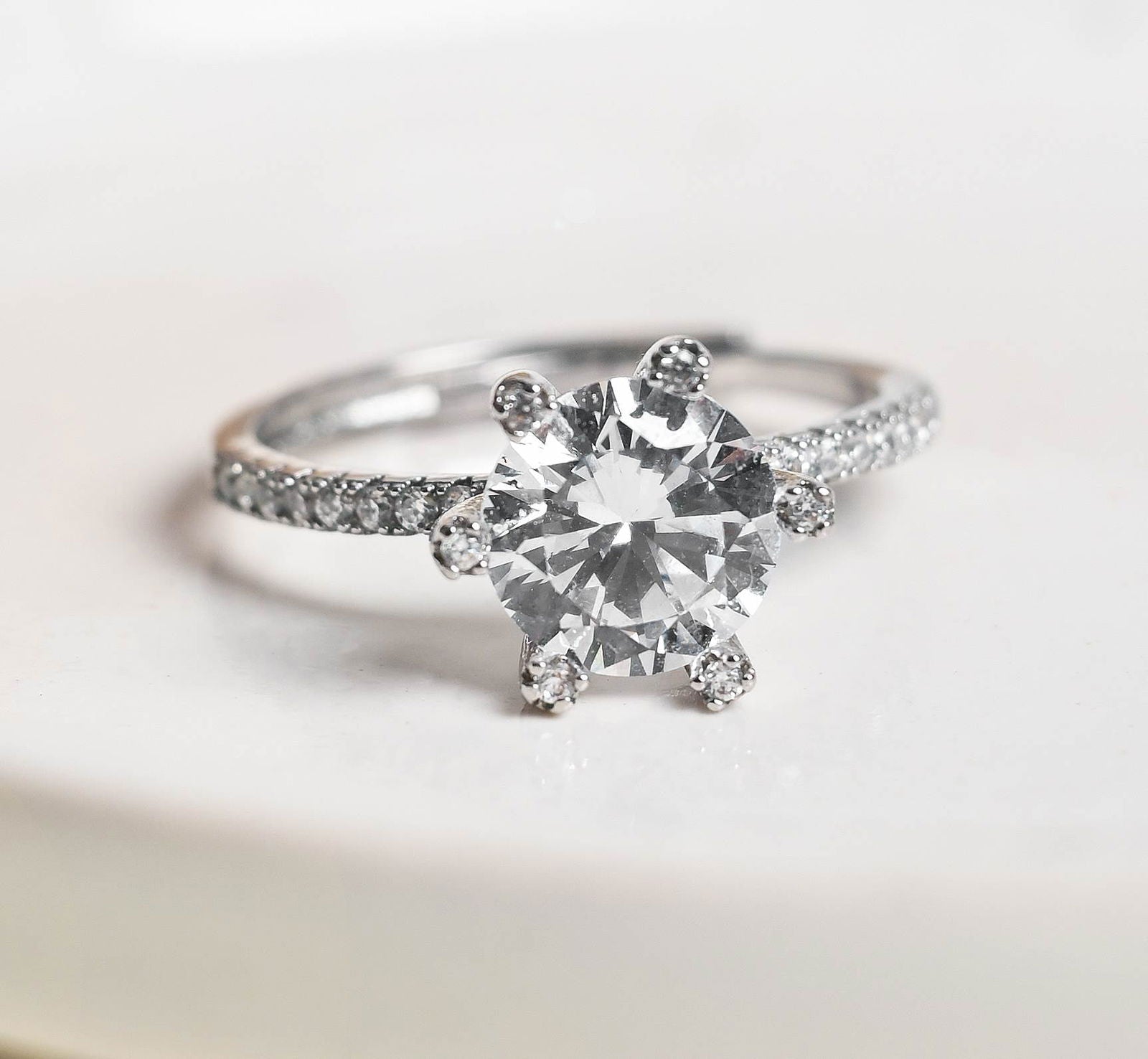 Leading Lady Solitaire Ring in Silver Rhodium Plating and CZ Stones (Adjustable)