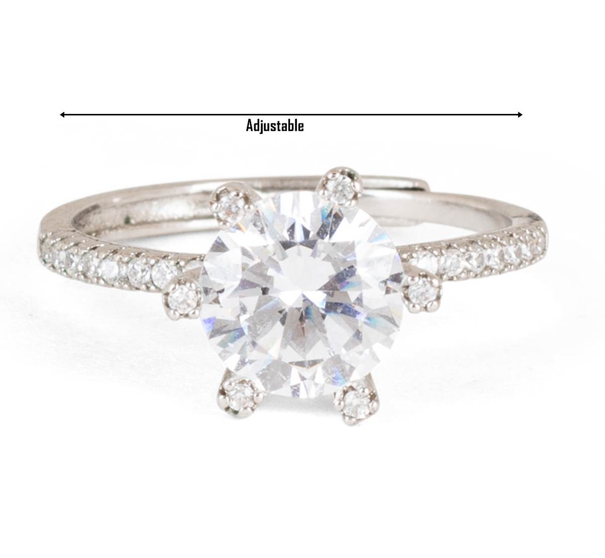 Leading Lady Solitaire Ring in Silver Rhodium Plating and CZ Stones (Adjustable)