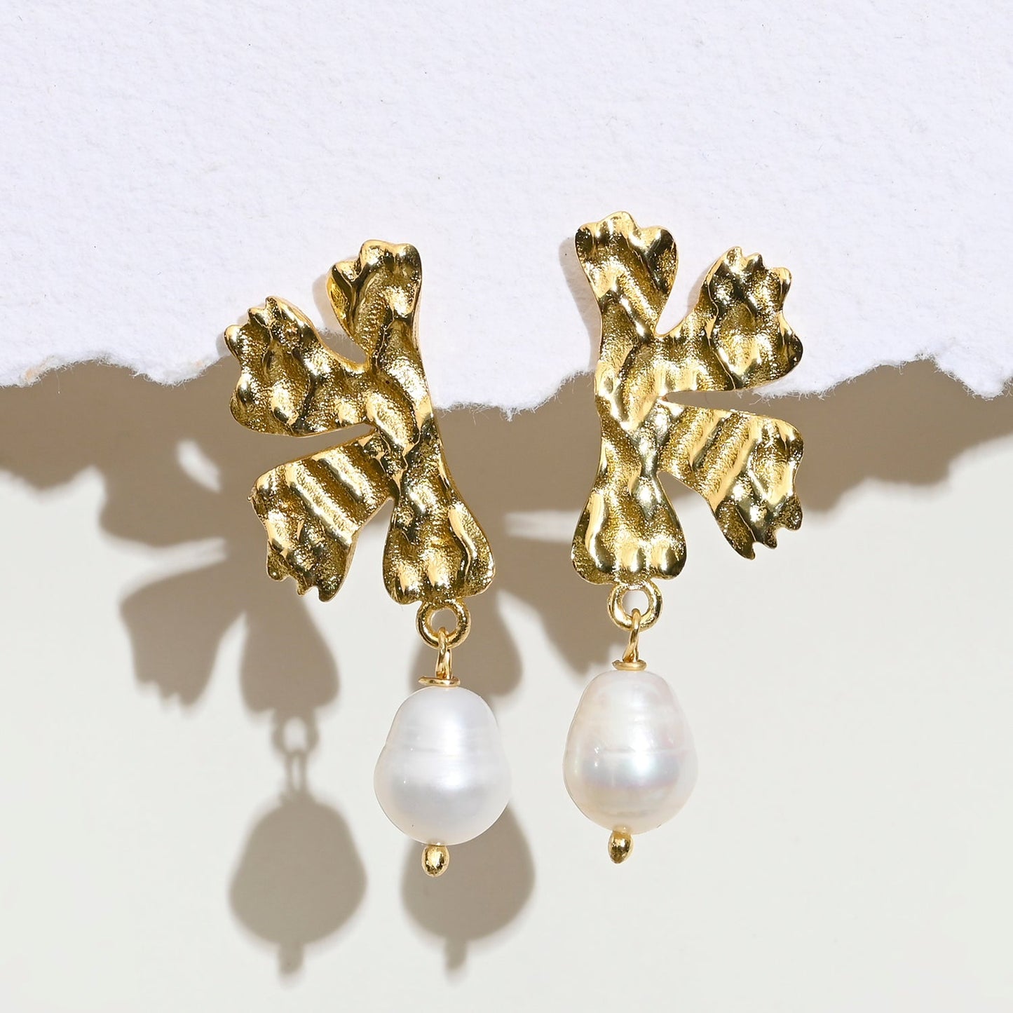 Leaf Baroque Pearl Brass Metal Drop Textured Earrings