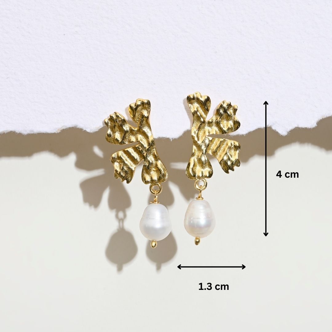 Leaf Baroque Pearl Brass Metal Drop Textured Earrings