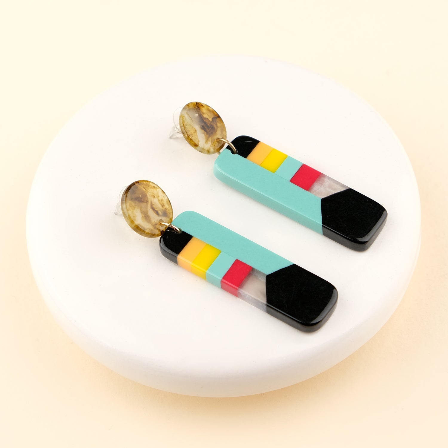 Long Geometric Multi Colored Resin Dangler Earrings