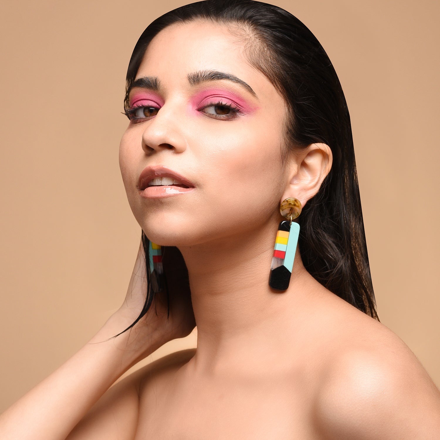 Long Geometric Multi Colored Resin Dangler Earrings