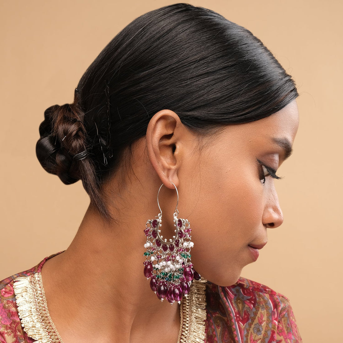 Meenakari Chaand Beaded Chandbali Earrings