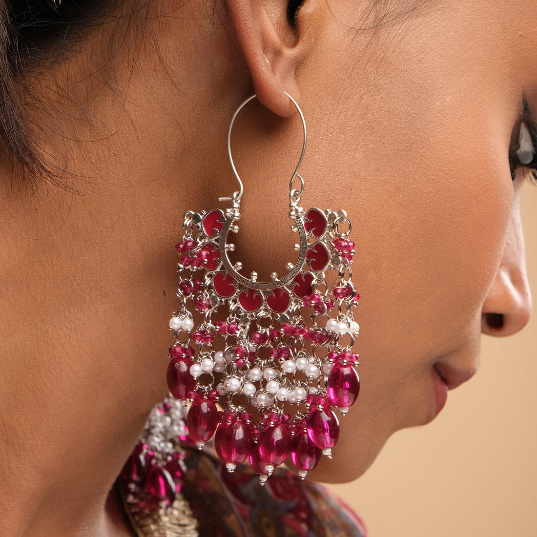 Meenakari Chaand Beaded Chandbali Earrings