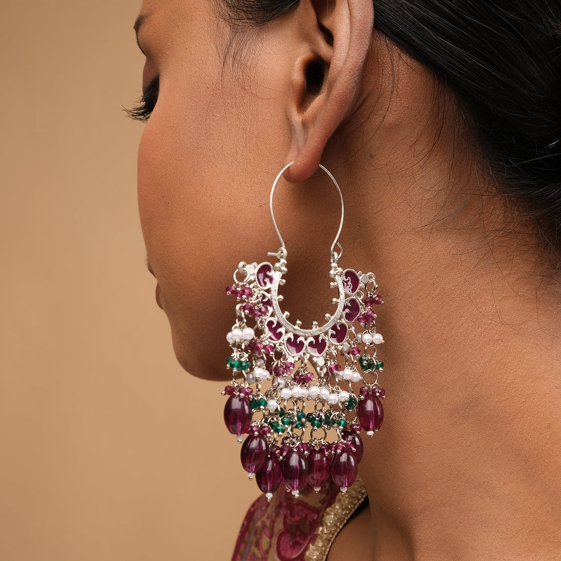 Meenakari Chaand Beaded Chandbali Earrings