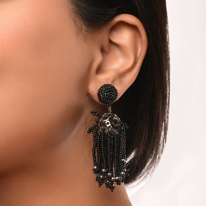 Midnight Black Beaded Tassel Earrings