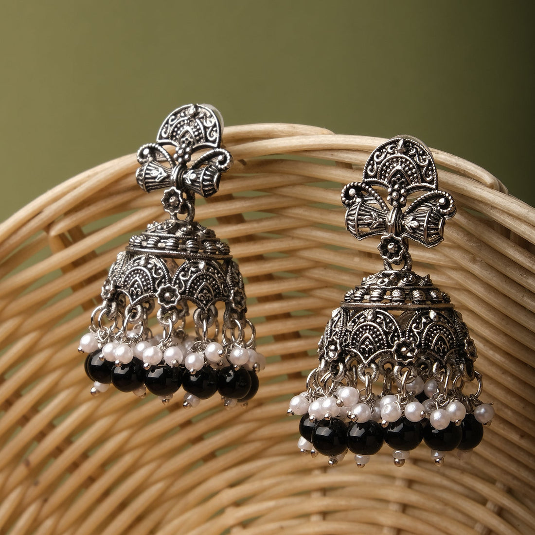 Oxidised Lightweight Fulkari Jhumka Earrings