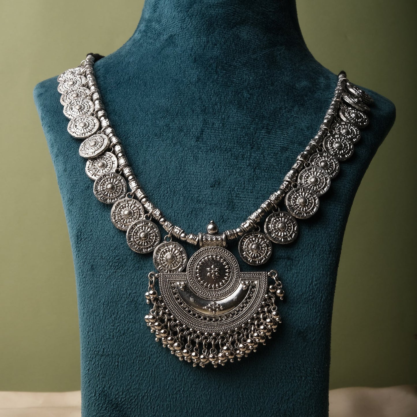 Oxidized Coins Cascade Black Thread Necklace