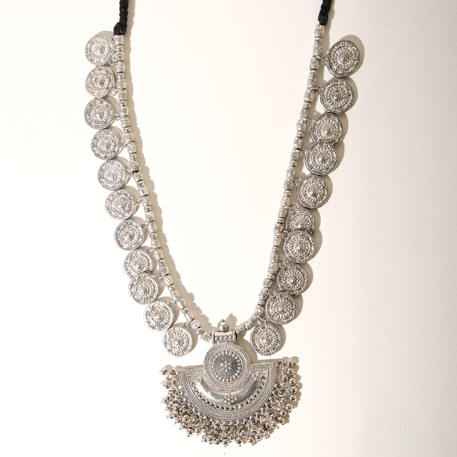 Oxidized Coins Cascade Black Thread Necklace