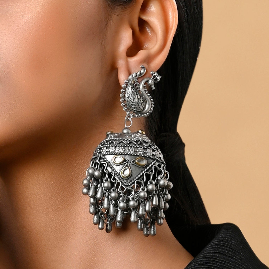 Peacock Light Weight Oxidised  Jhumka Earrings