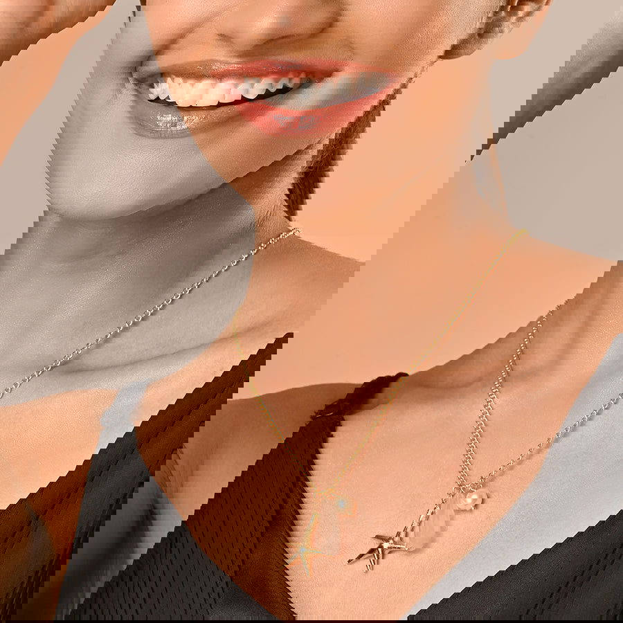 Pink Rose Quartz Semi Precious Stone Star Fish Charm Necklace with Rose pink Pearl on Fine Brass Metal Chain