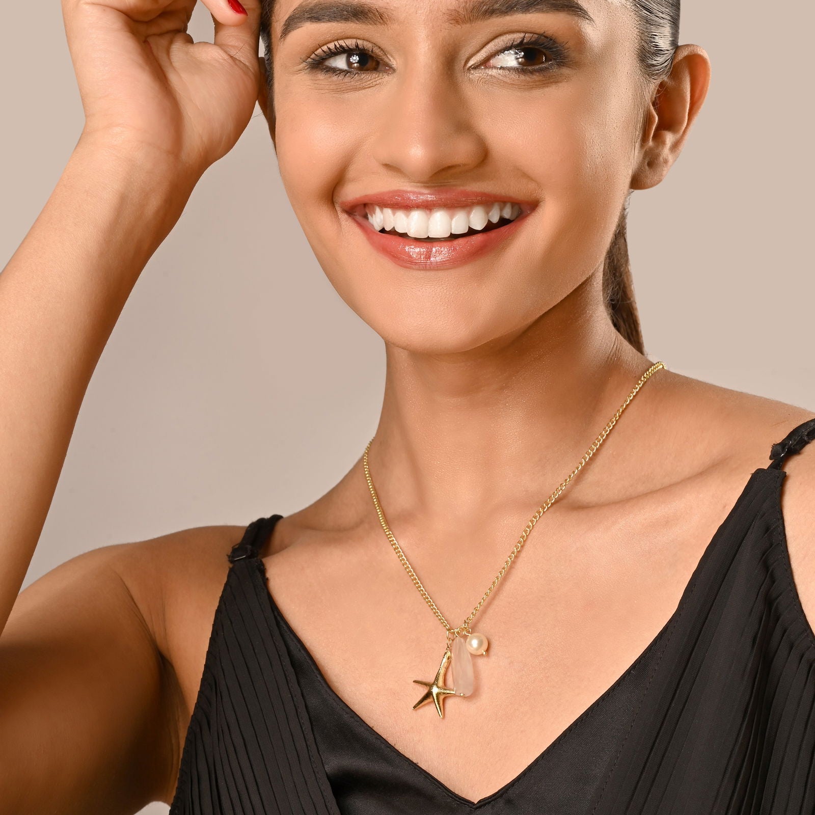 Pink Rose Quartz Semi Precious Stone Star Fish Charm Necklace with Rose pink Pearl on Fine Brass Metal Chain