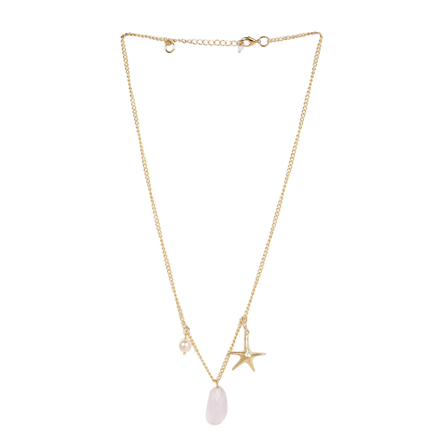 Pink Rose Quartz Semi Precious Stone Star Fish Charm Necklace with Rose pink Pearl on Fine Brass Metal Chain