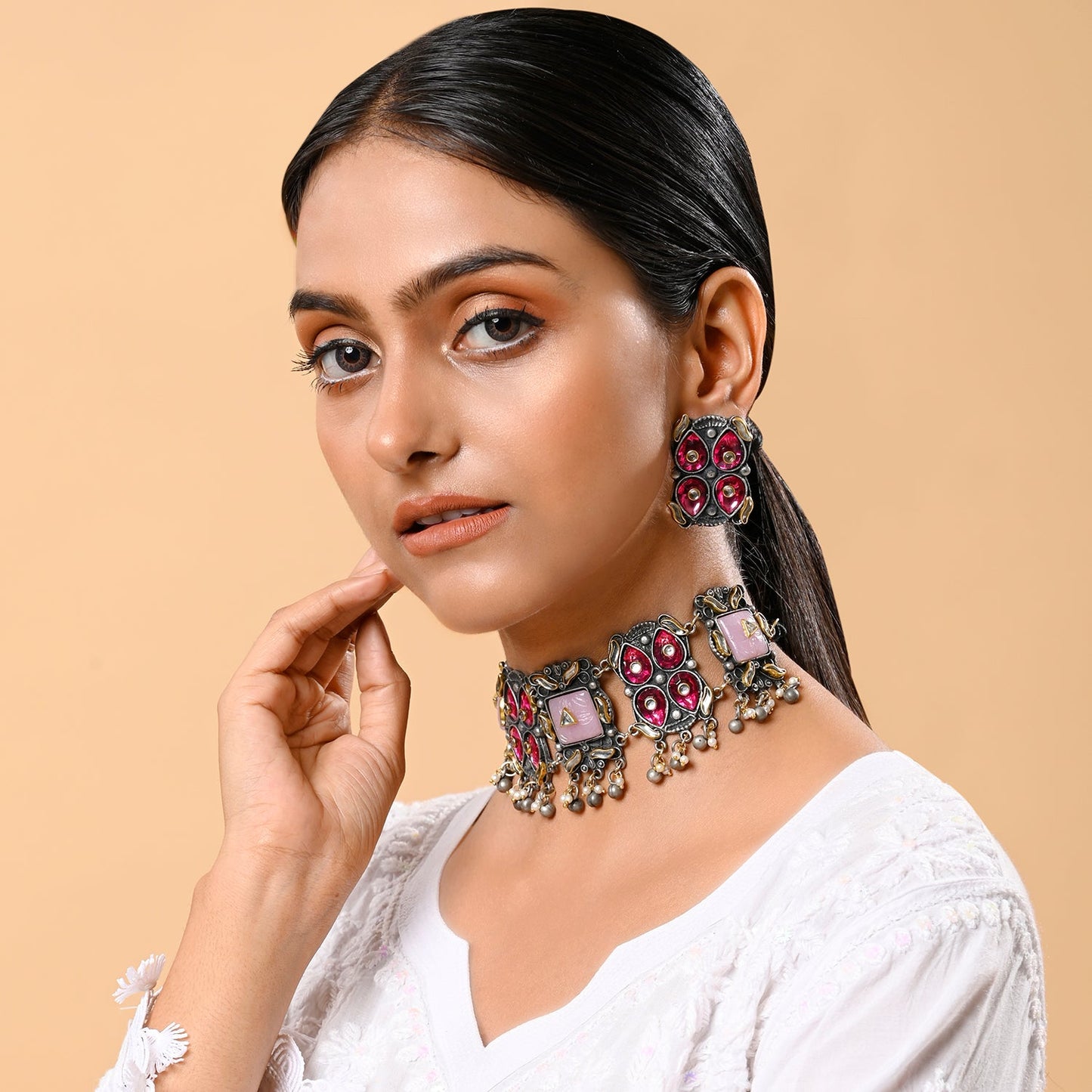 Pink Silver Oxidized Choker Jewelery Set