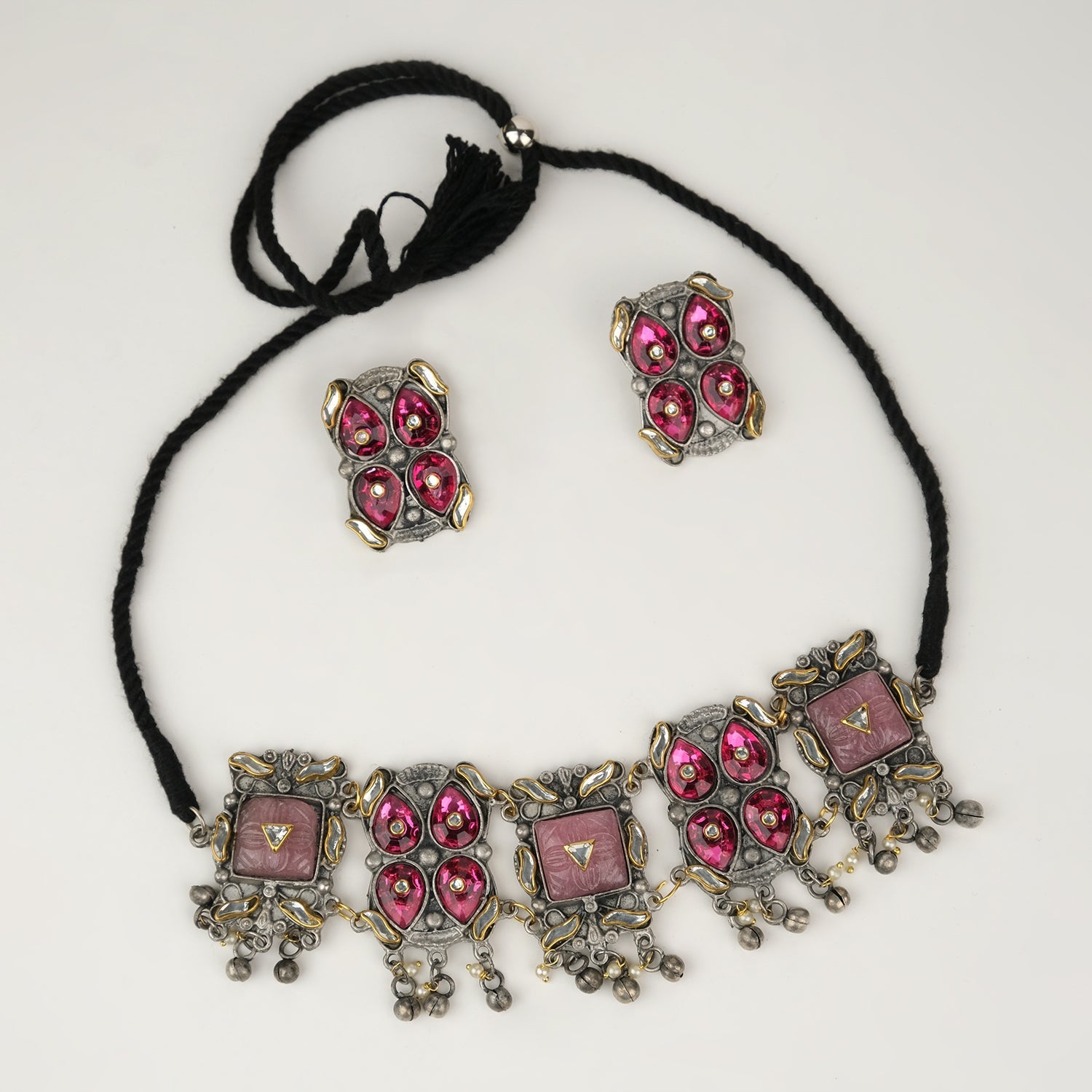 Pink Silver Oxidized Choker Jewelery Set