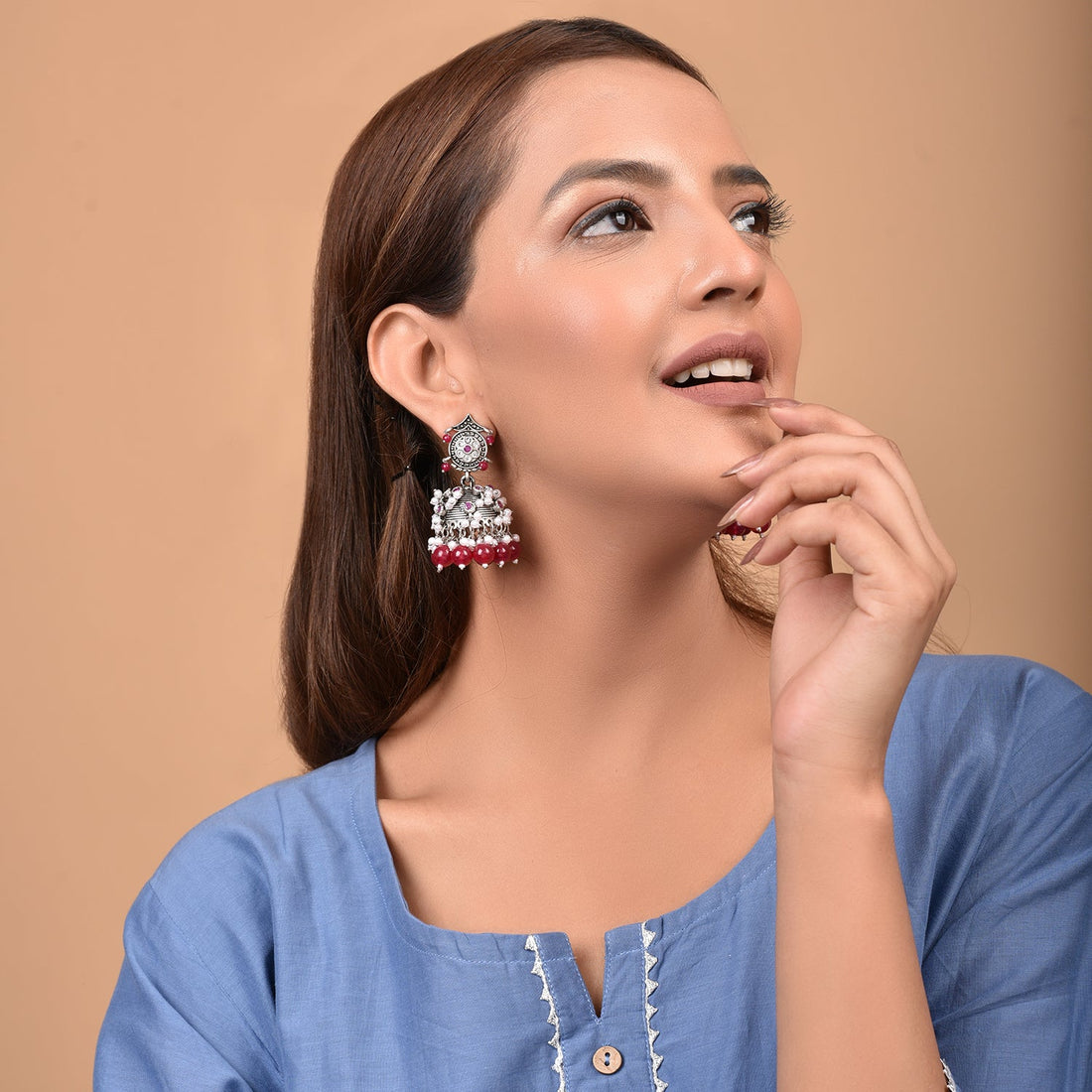 Pink White Beaded Lightweight Oxidized Jhumkas