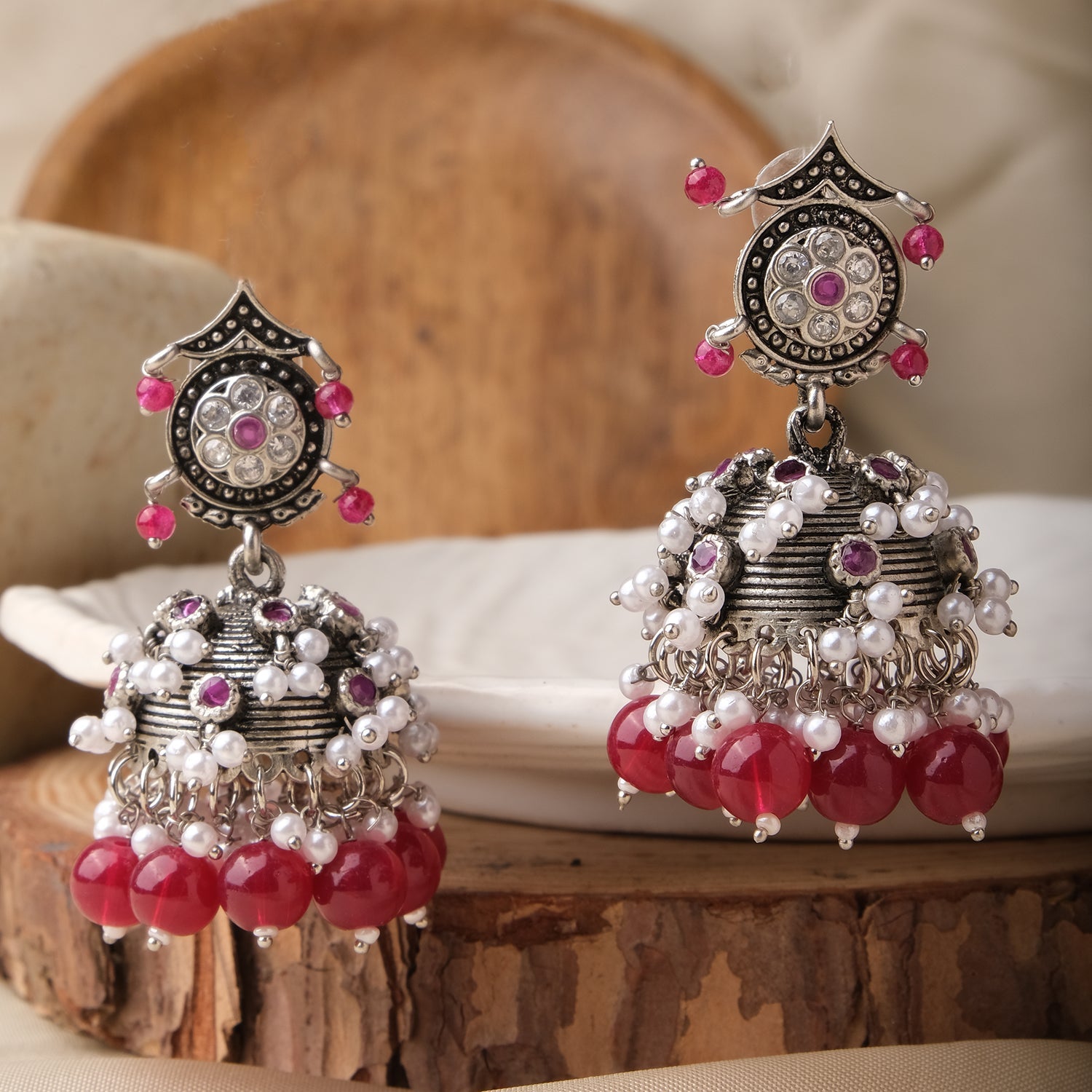 Pink White Beaded Lightweight Oxidized Jhumkas