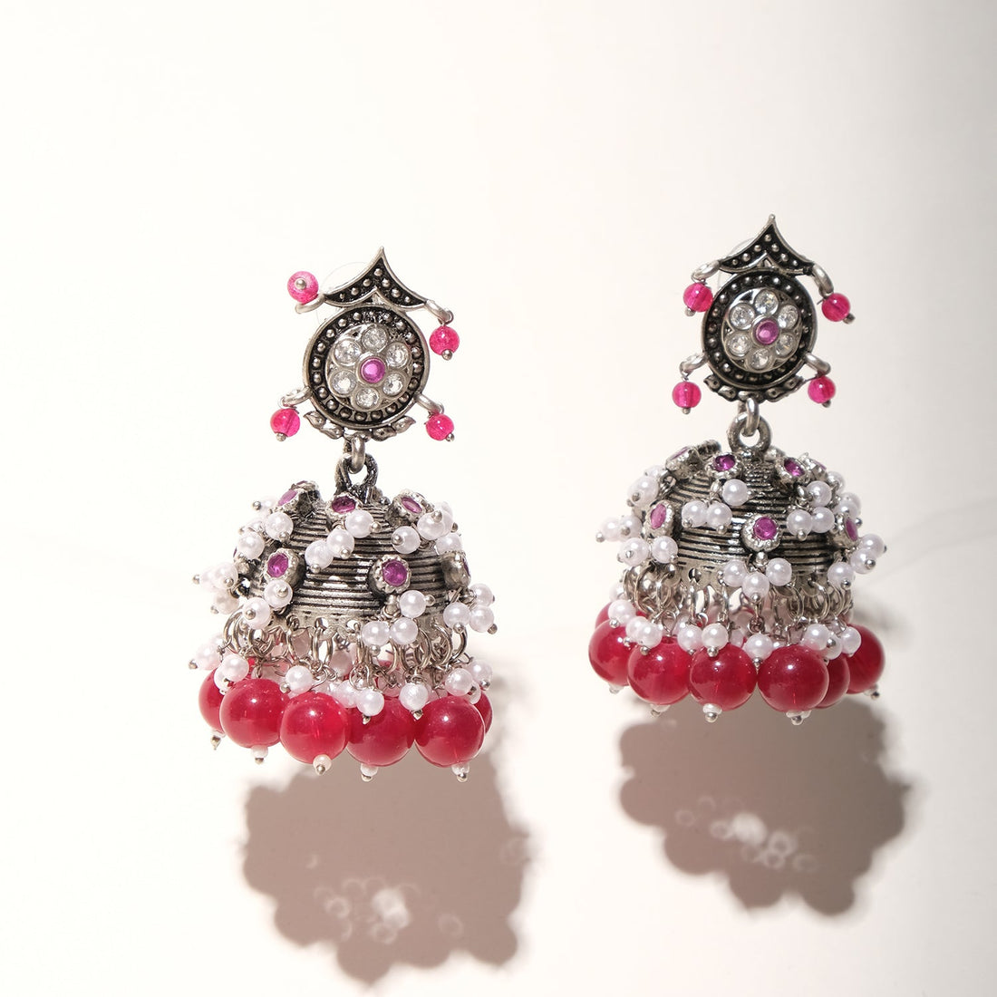 Pink White Beaded Lightweight Oxidized Jhumkas