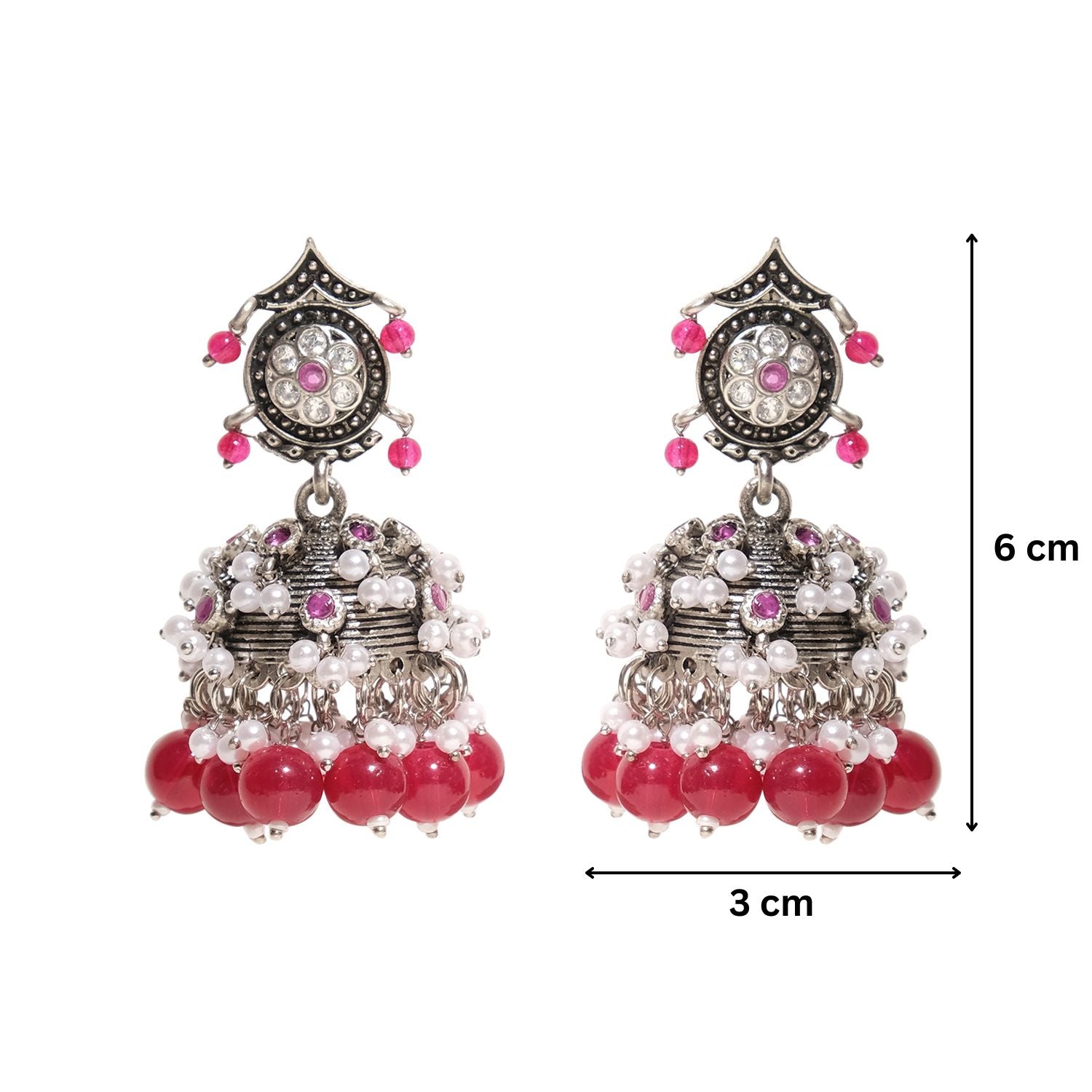 Pink White Beaded Lightweight Oxidized Jhumkas