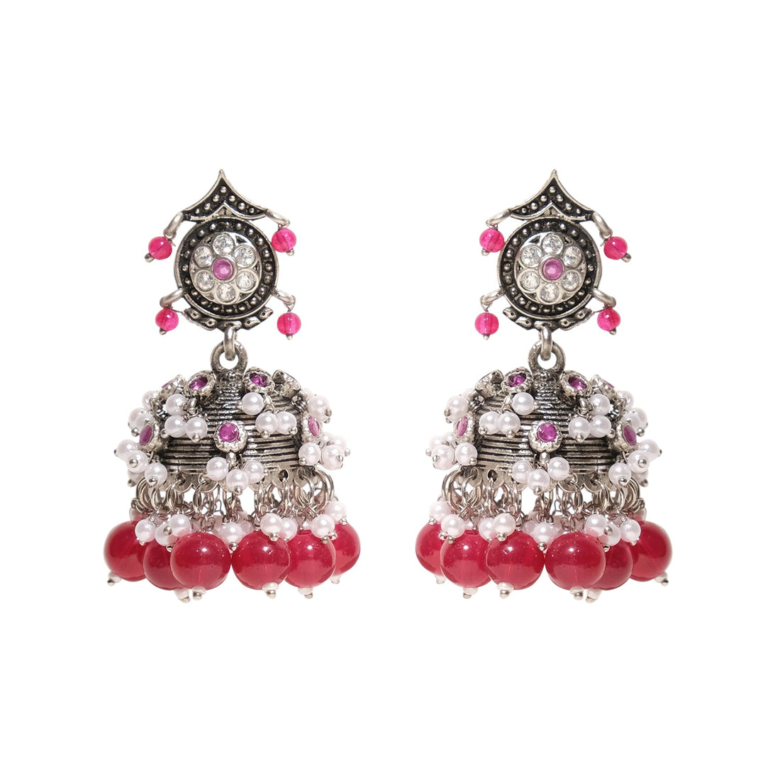 Pink White Beaded Lightweight Oxidized Jhumkas