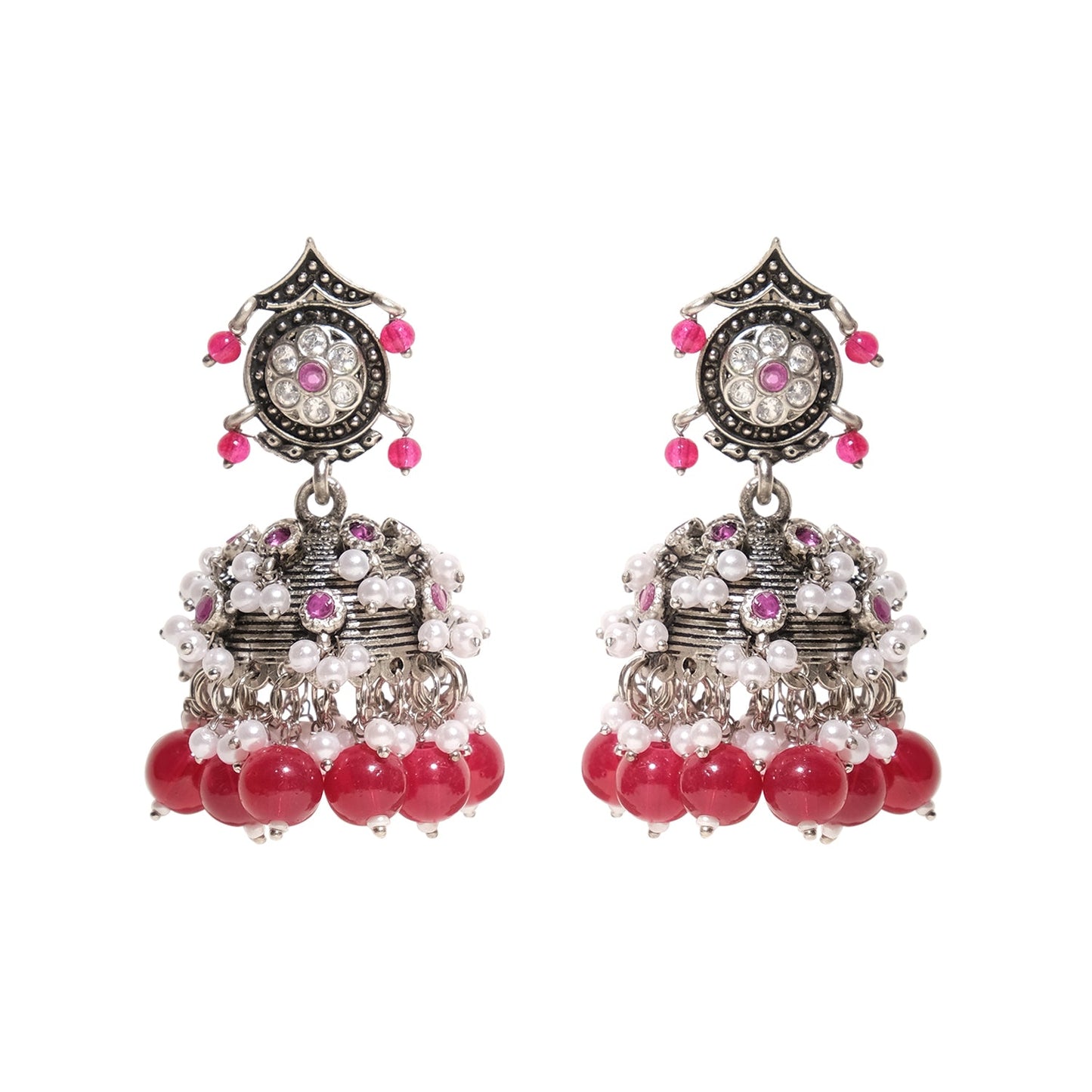 Pink White Beaded Lightweight Oxidized Jhumkas