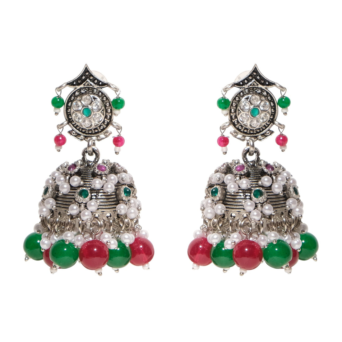 Pink White Beaded Lightweight Oxidized Jhumkas