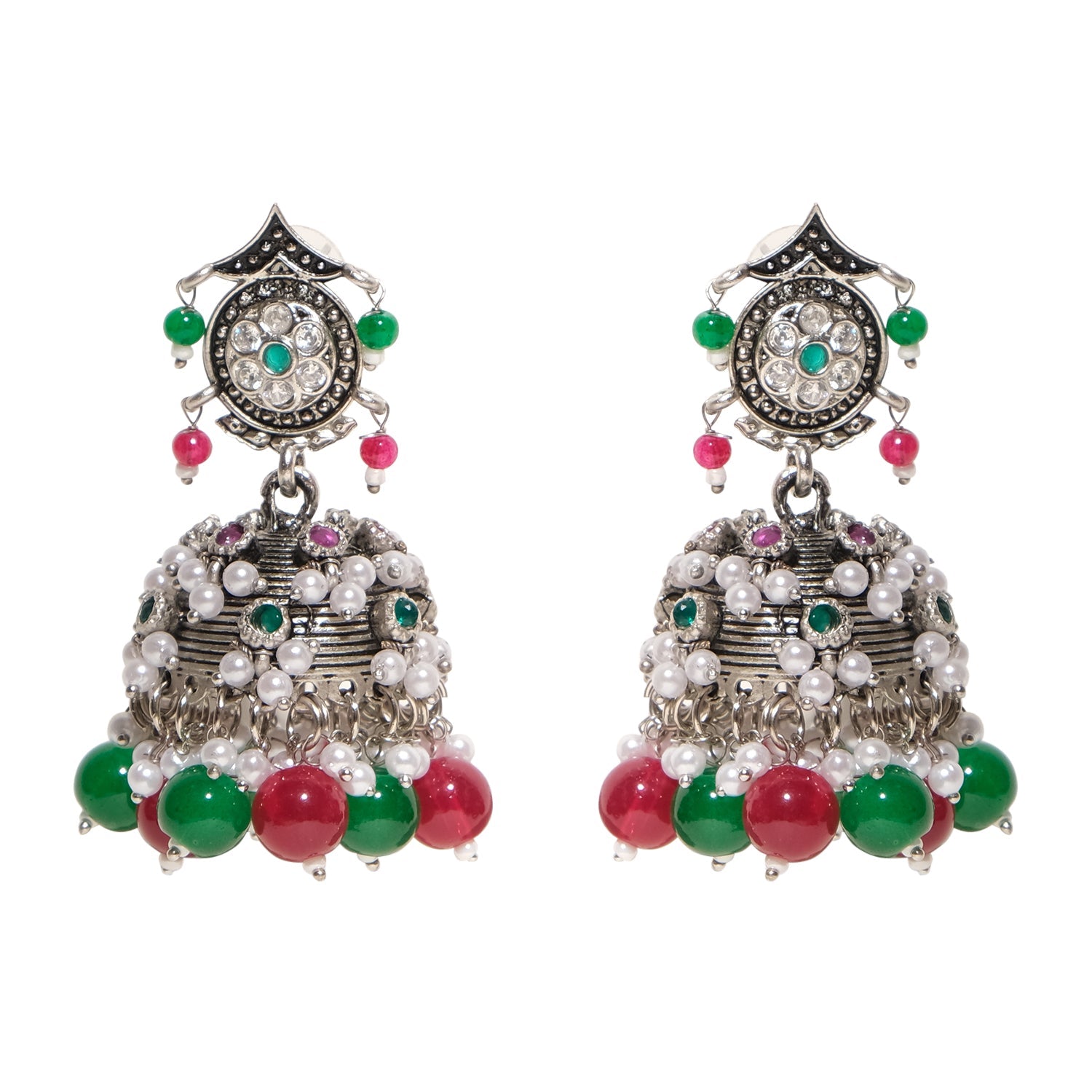 Pink White Beaded Lightweight Oxidized Jhumkas