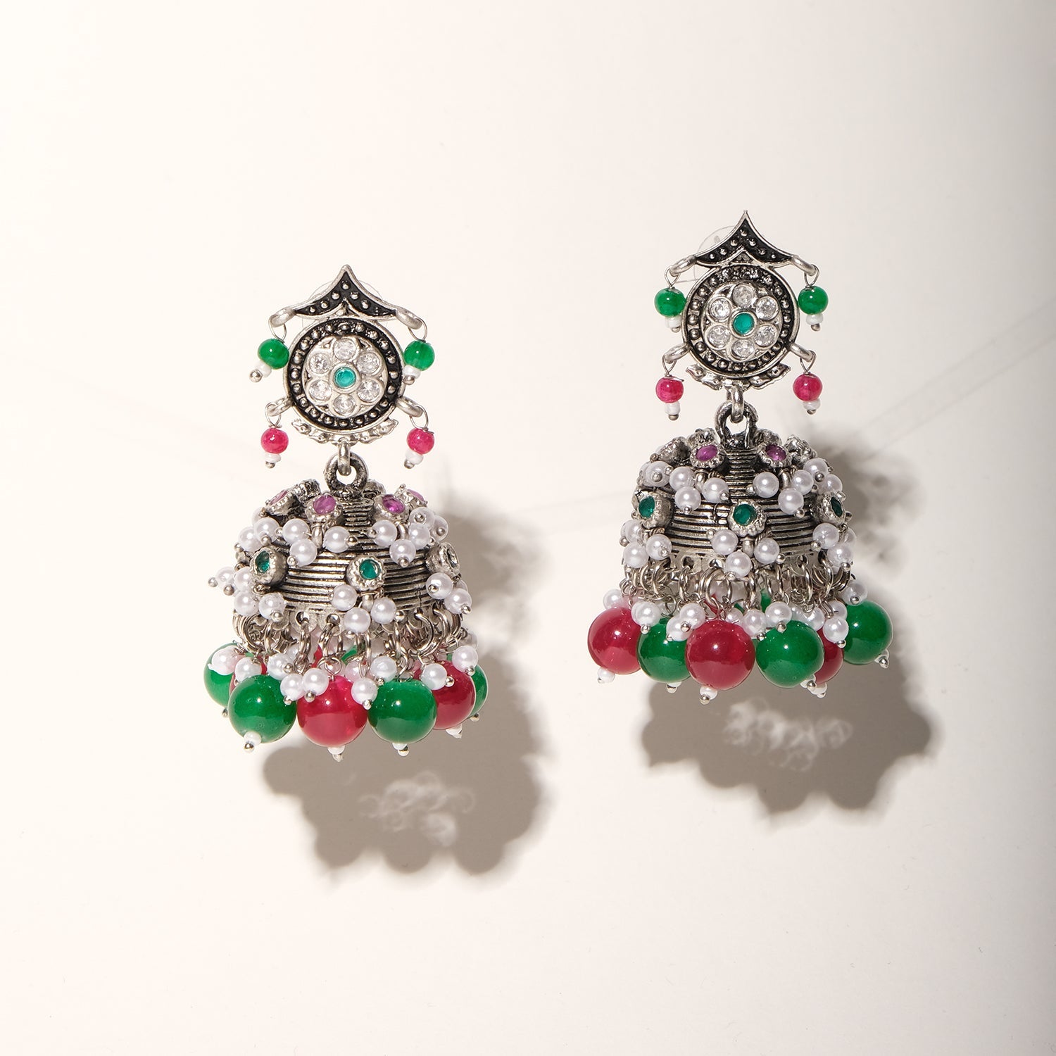 Pink White Beaded Lightweight Oxidized Jhumkas