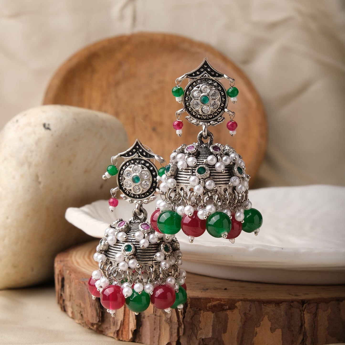 Pink White Beaded Lightweight Oxidized Jhumkas