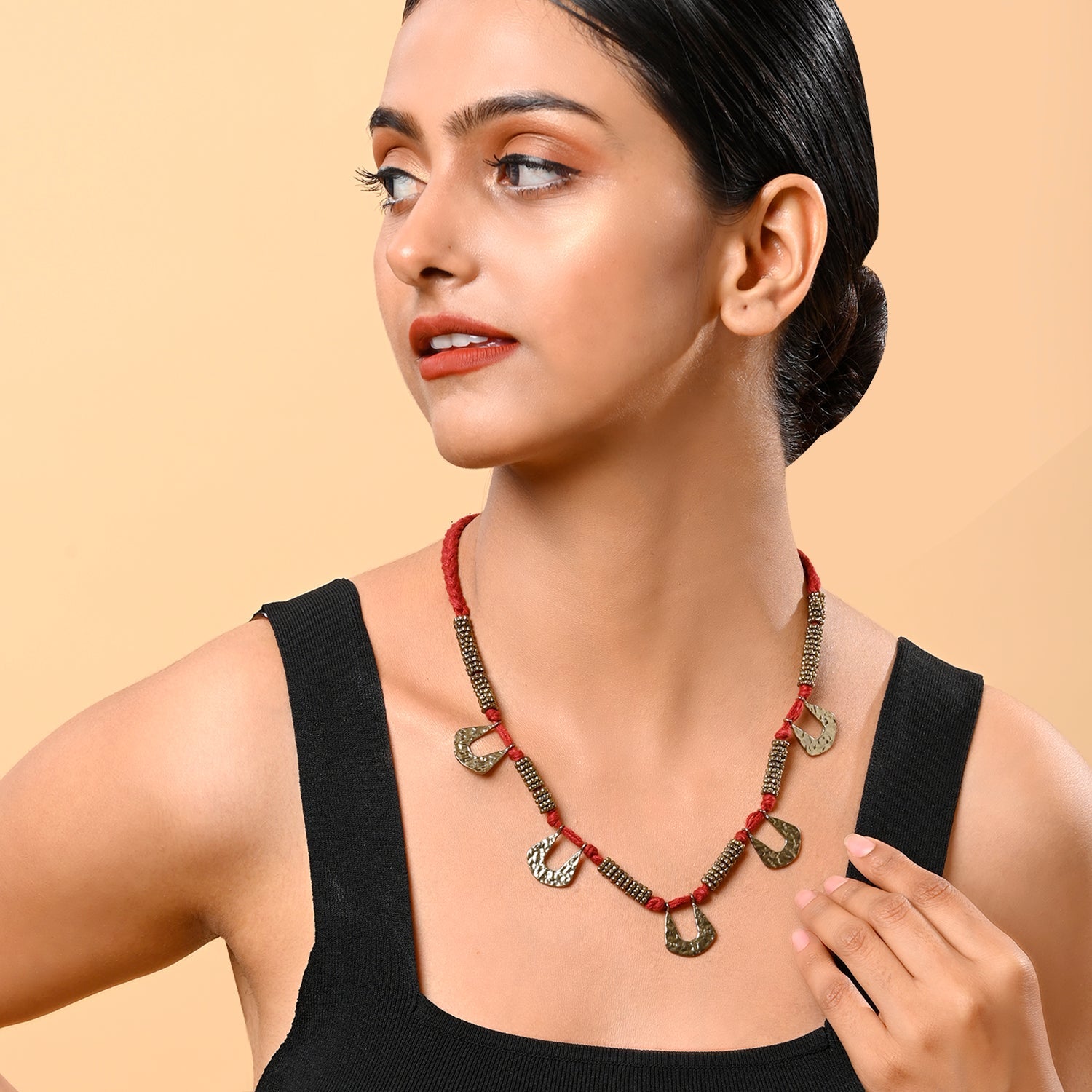 Radiant Red Thread Metal Necklace