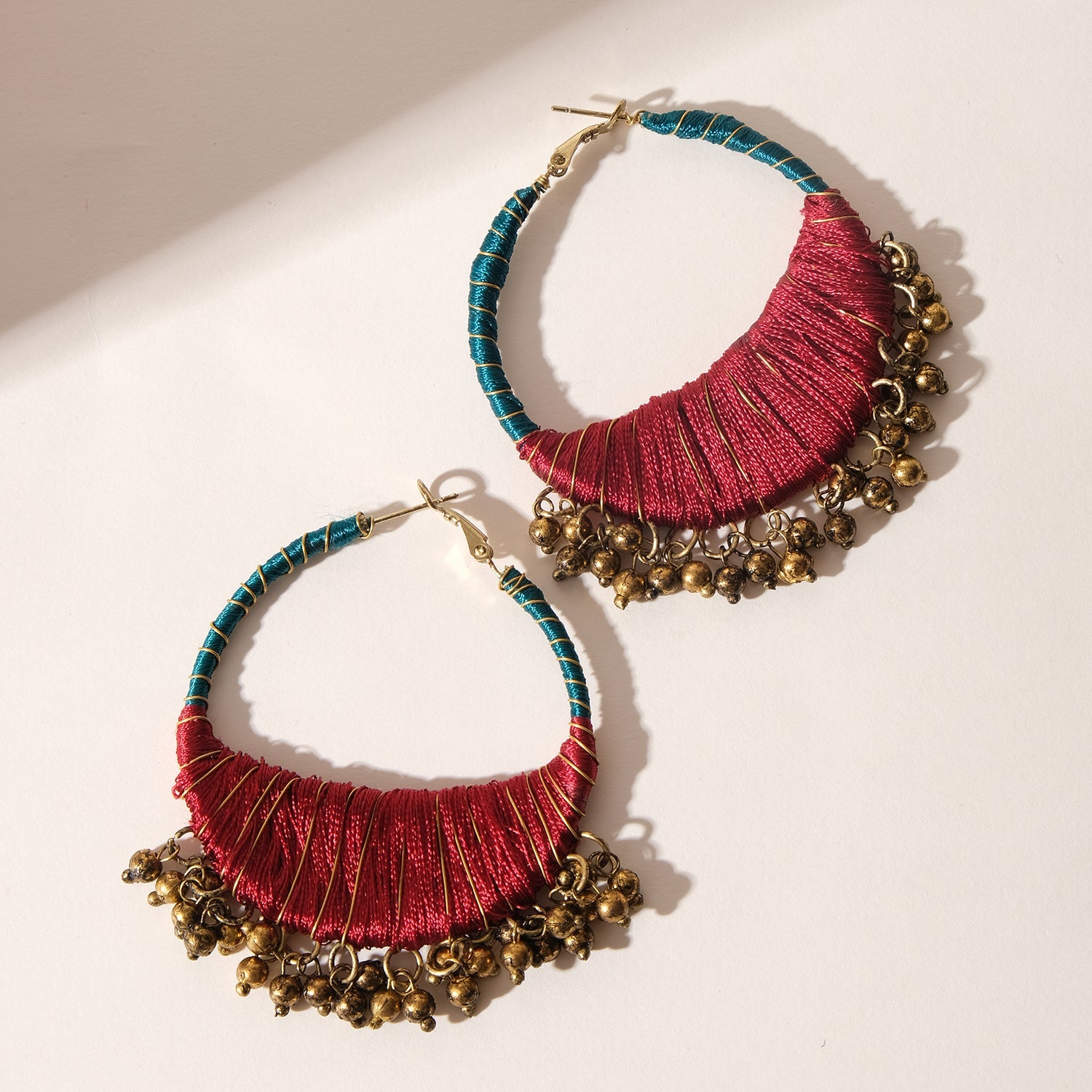 Red Ghungroo Swirl Hoop Earrings