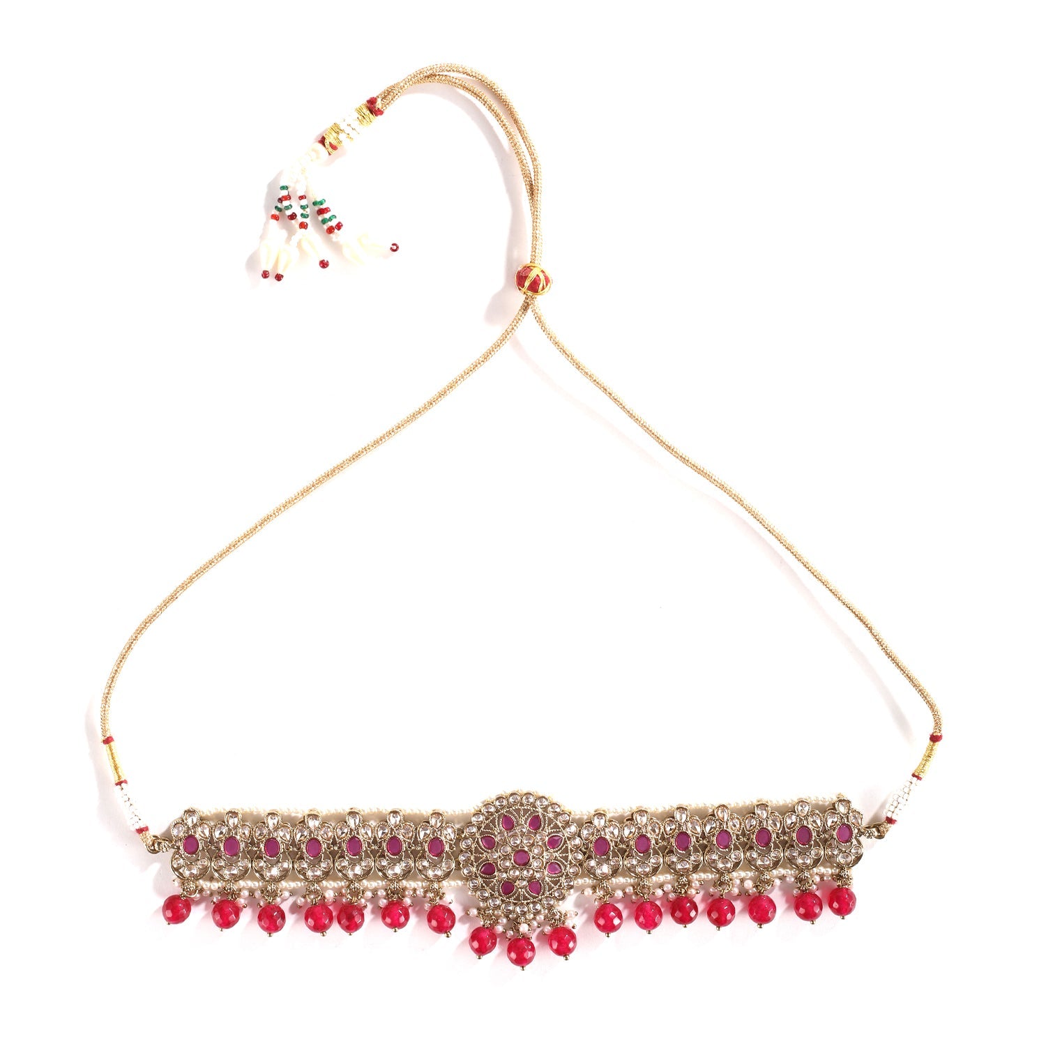 Red Gold Polish Choker Necklace With Earrings And Tika Set