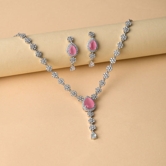 Rhodium Plated Pink Sapphire and Diamond Necklace Set .