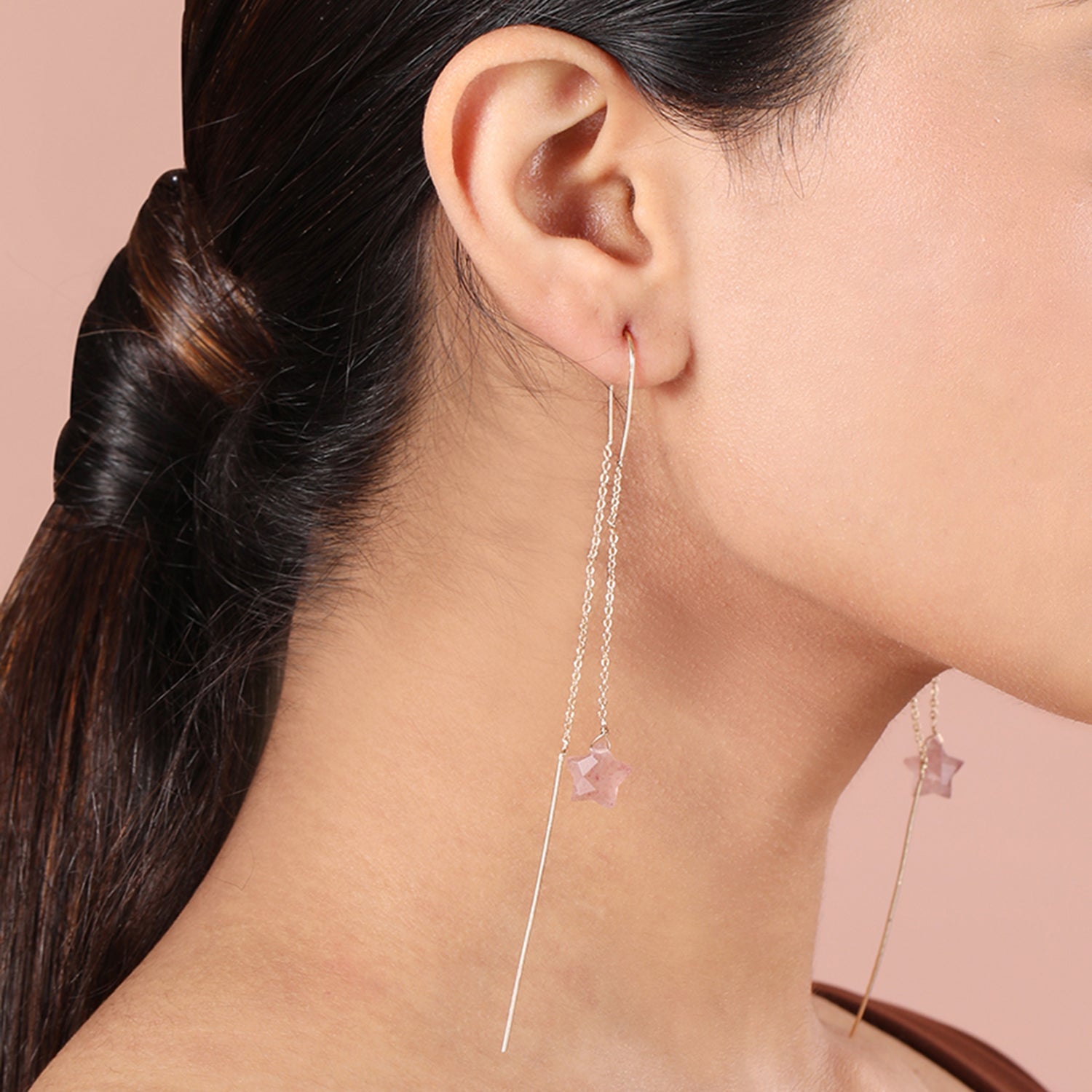 Rose Quartz Semi Precious Star Drop Earrings