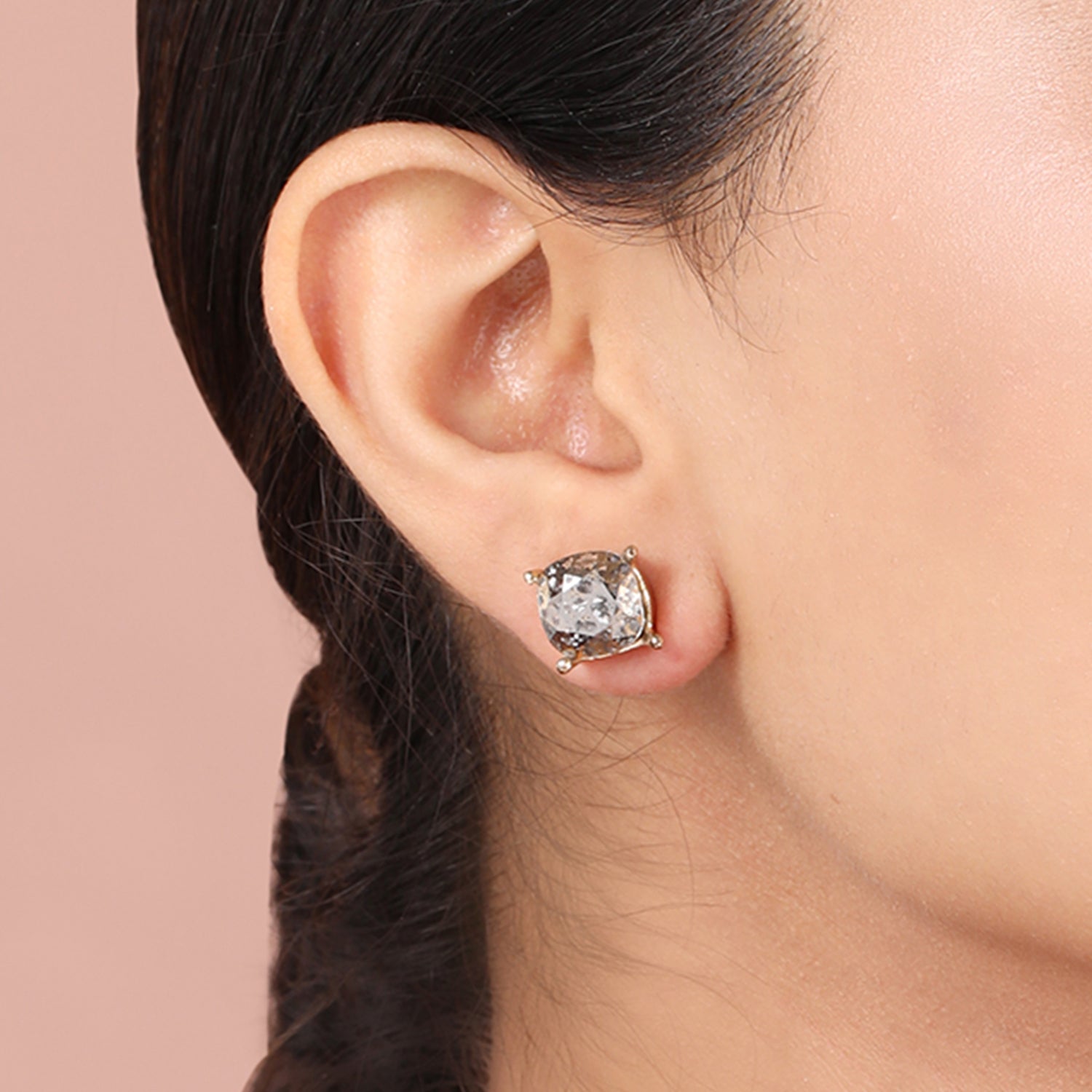 Round Stud Brass Metal Earrings with Glass Crystals