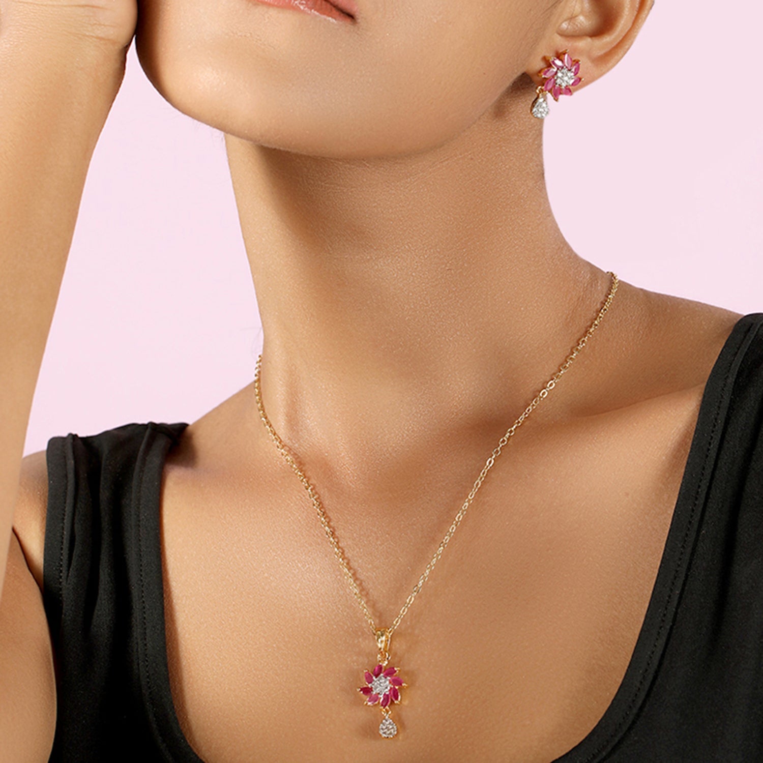 Ruby Flower Necklace Set with Cubic Zirconia