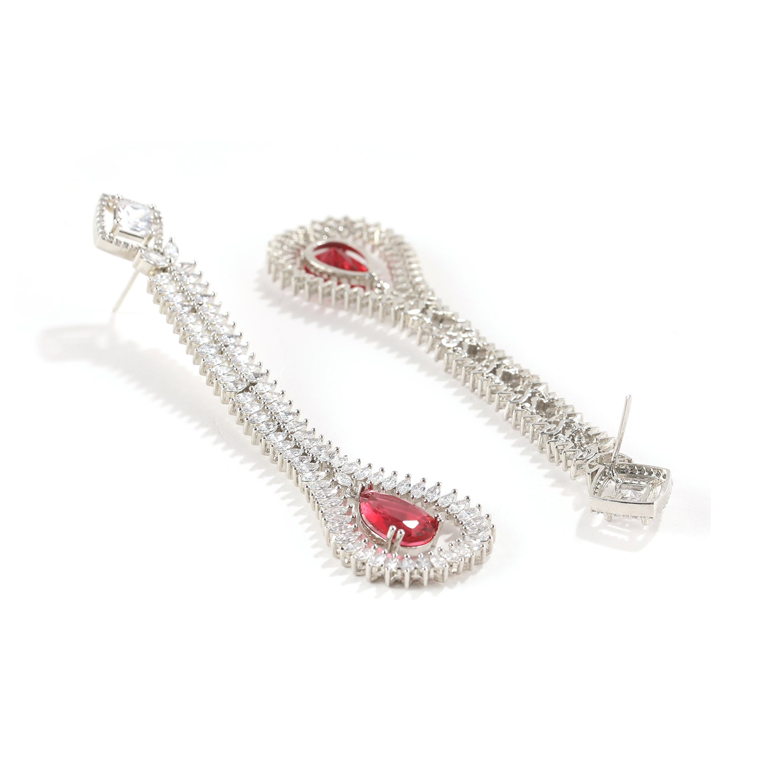 Ruby and American Diamond Statements Long Drop Earrings