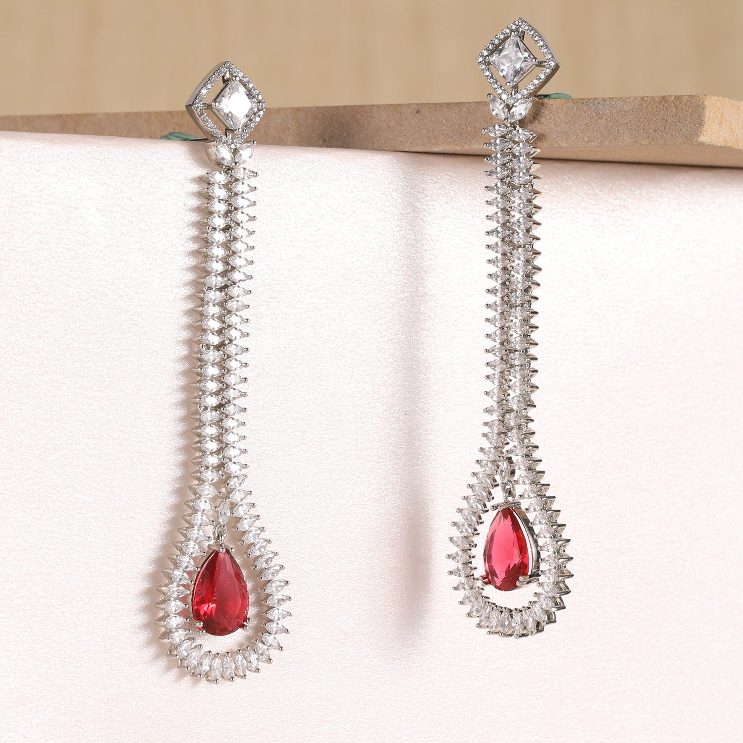 Ruby and American Diamond Statements Long Drop Earrings