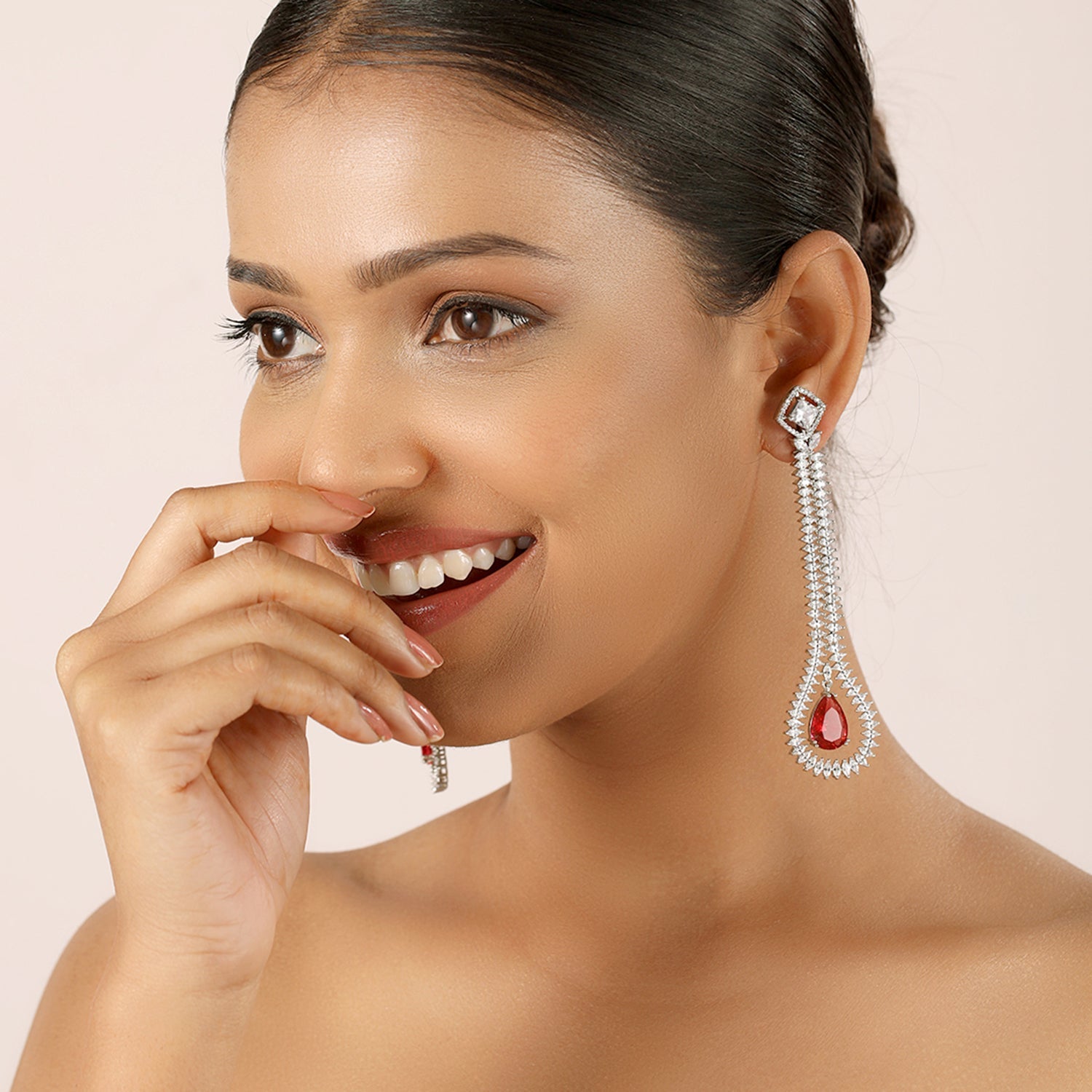 Ruby and American Diamond Statements Long Drop Earrings