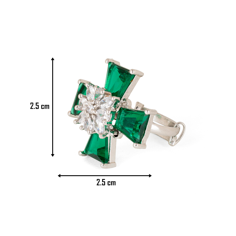 Statement Emerald Ring with Diamonds and Silver - Rhodium Plating (Adjustable)