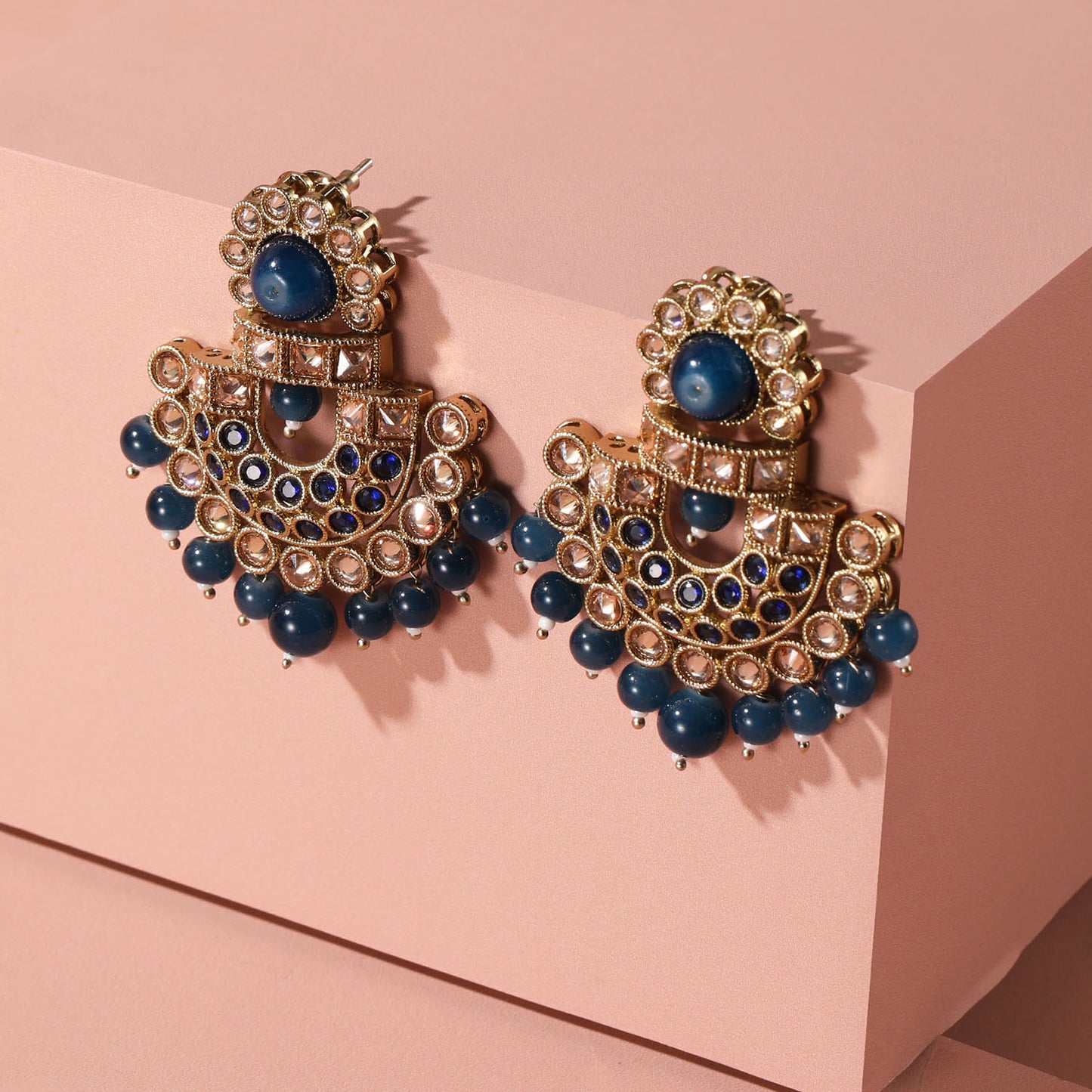 Designer Antique Gold Tone Blue Earrings