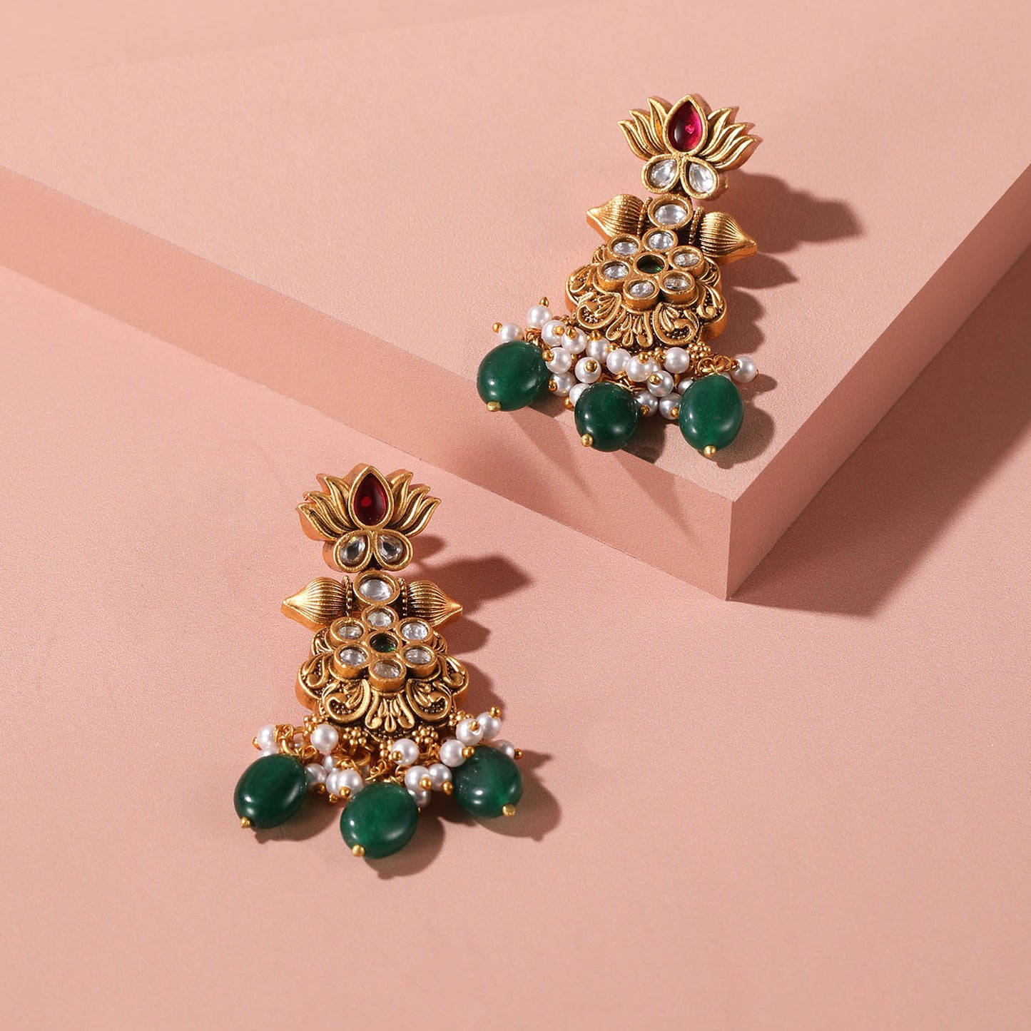 Vintage Flower India Gold with Pearl Drop Dangler Earrings