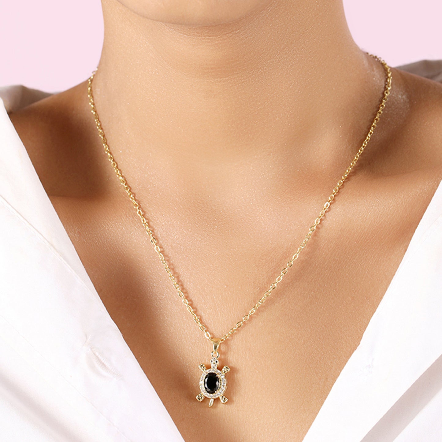 Gemstone Turtle Pendant with Gold Chain