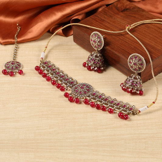 Red Gold Polish Choker Necklace With Earrings And Tika Set