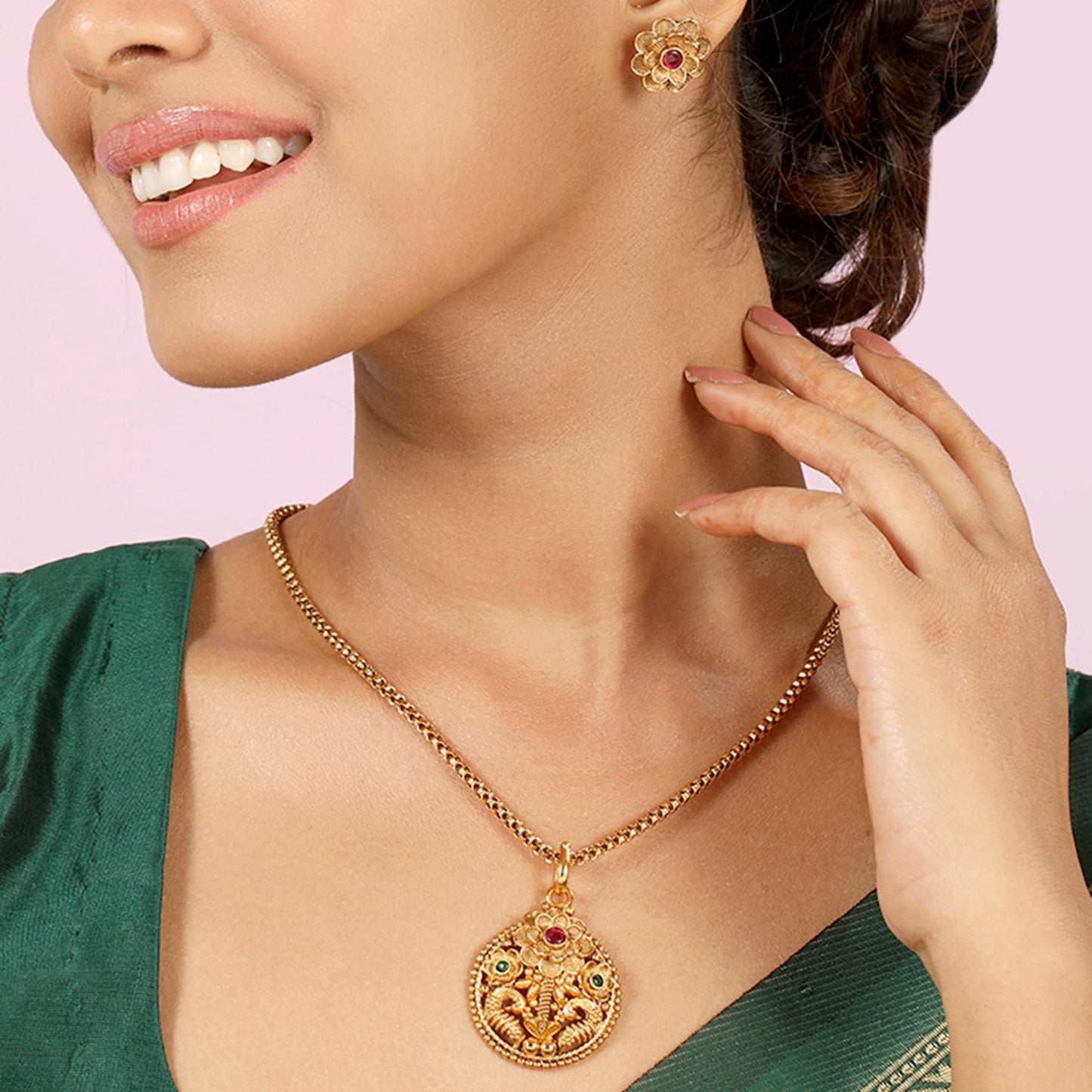 Golden Peacock Pendant Set with Earring