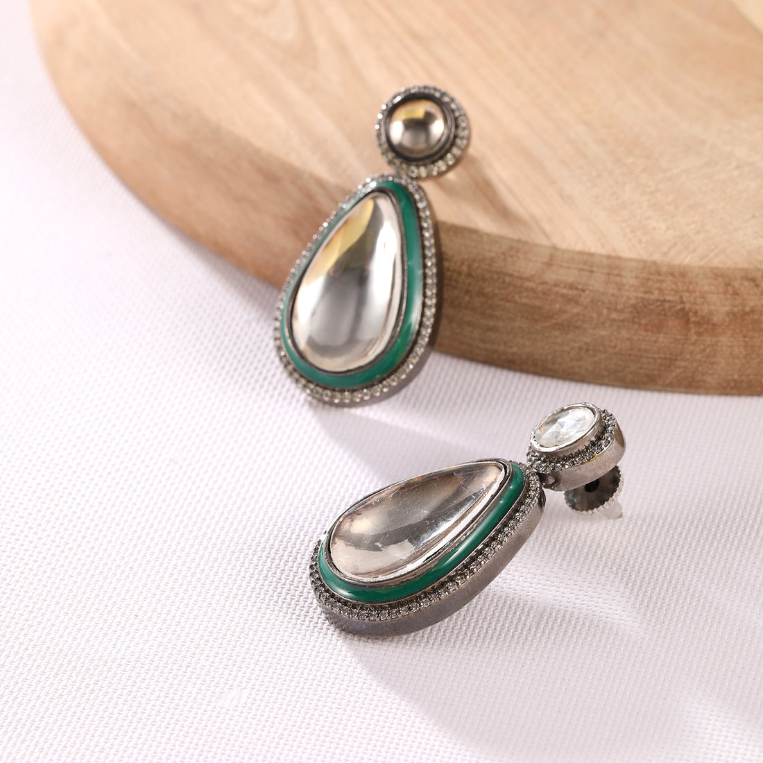 Teardrop with Green Enamel Dangler Earrings