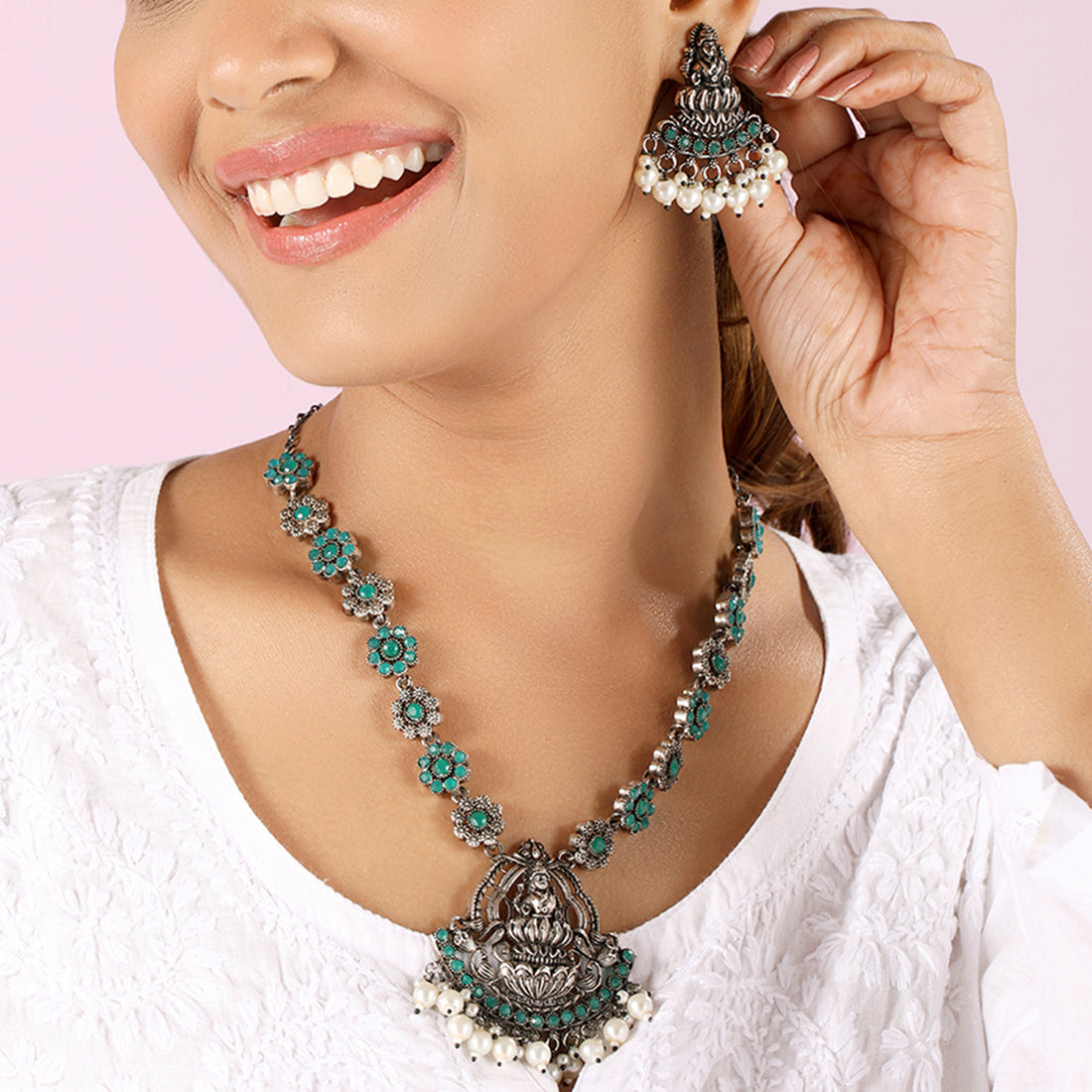 Tribal india Oxidised Silver and Jade Stone Set